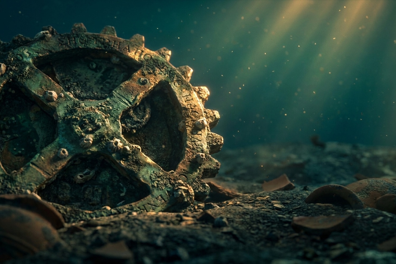 Antikythera Mekanizması'nın korozyona uğramış bronz dişlilerinin yakın görünümü