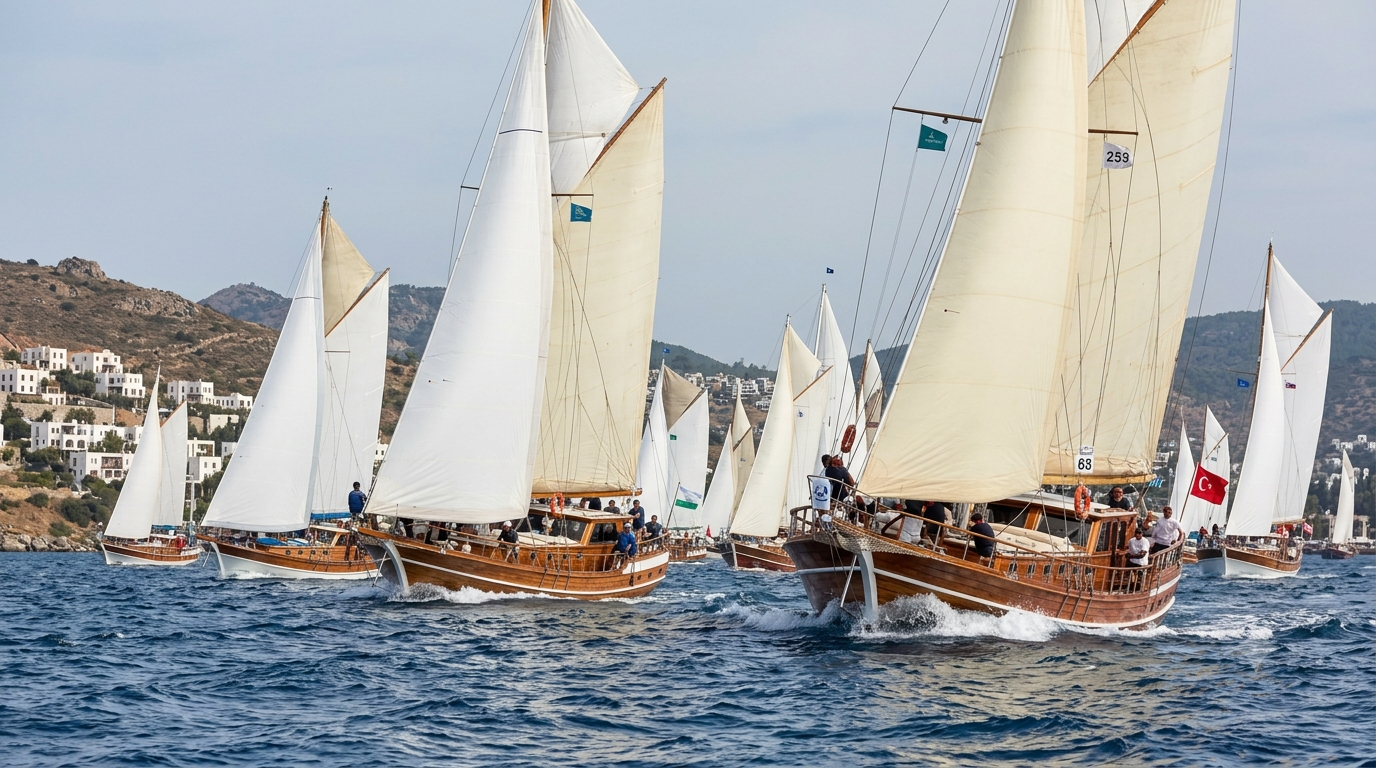 The Bodrum Cup'ta yelkenlerini açmış, rüzgârla yarışan ahşap guletler