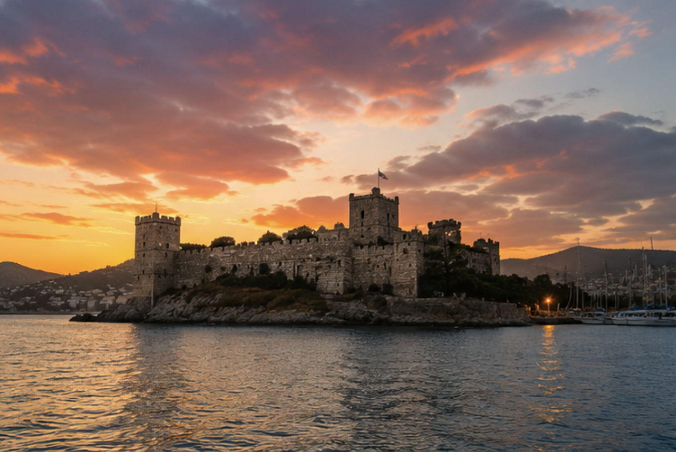 Bodrum Castle seen from the sea in evening light, the French Tower and the harbour
