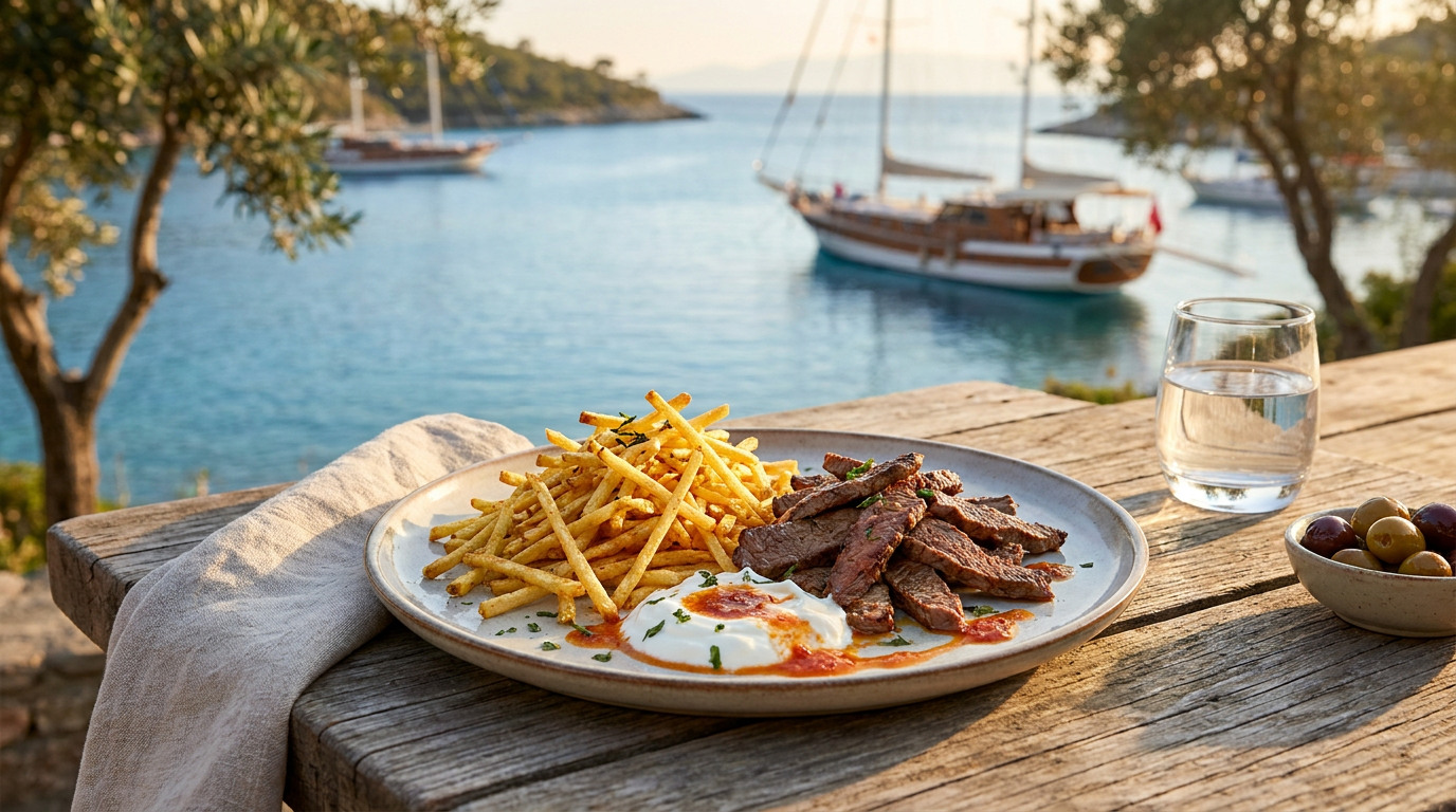 Kıtır patates üzerine ince et ve sarımsaklı yoğurtla hazırlanmış Çökertme kebabı