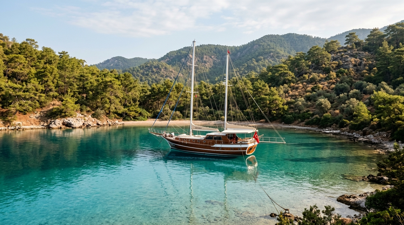 Eylül sabahı Gökova Körfezi'nde sakin, boşalmış bir koy ve demirde tek tekne