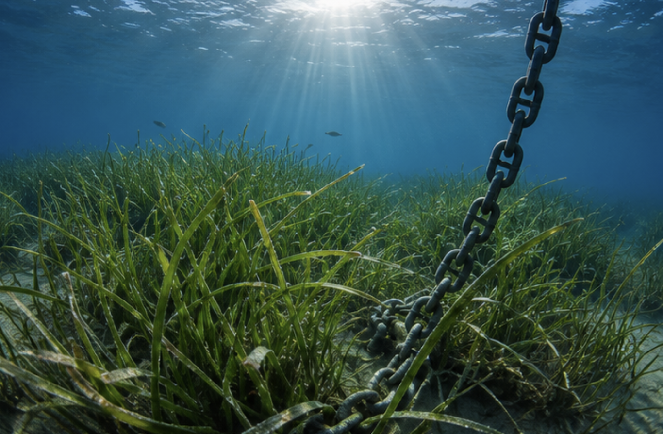 Dark green Posidonia seagrass meadow visible in clear water, beside an anchor chain