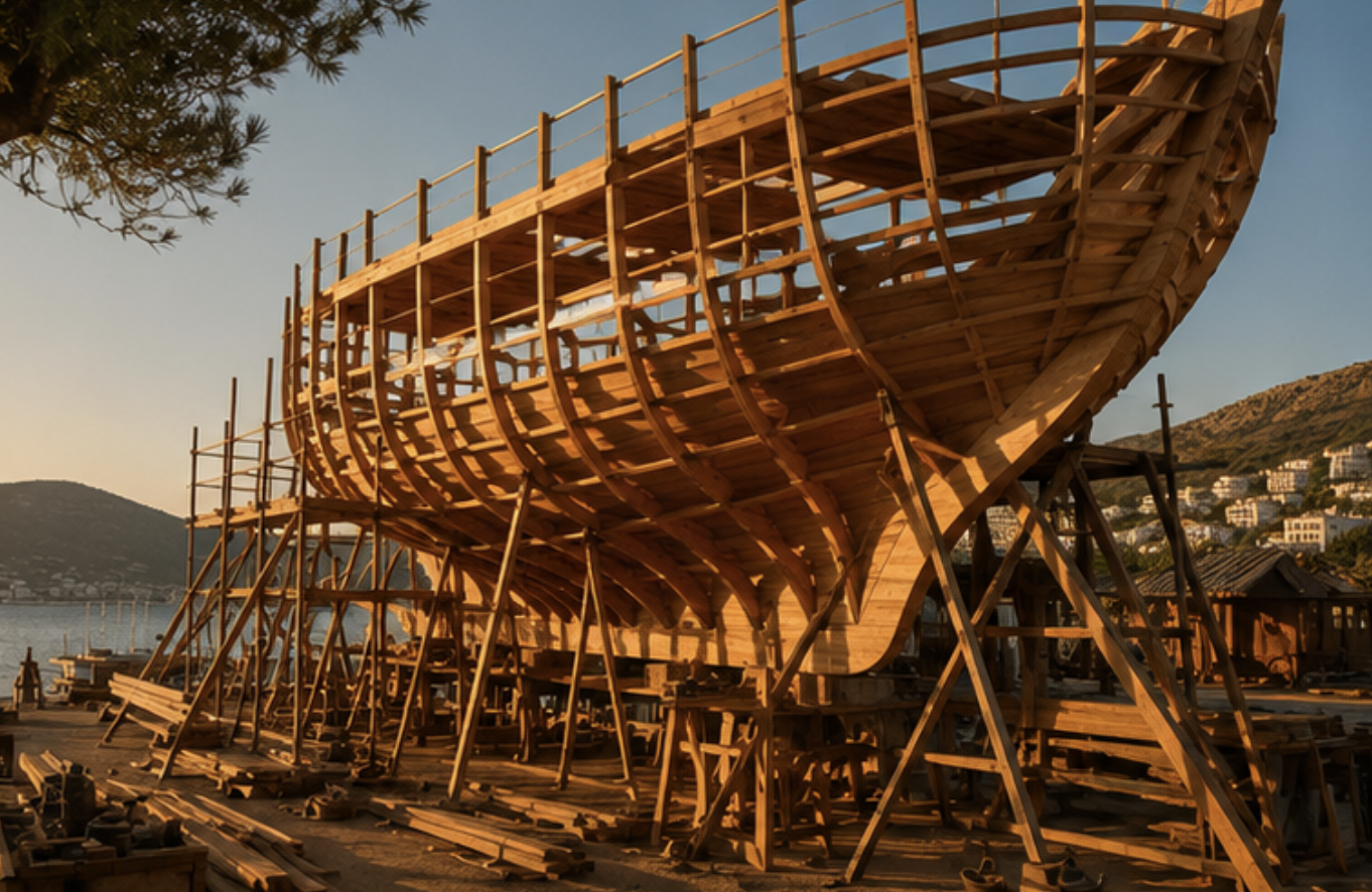 A wooden gulet hull under construction at a boatyard in Bodrum