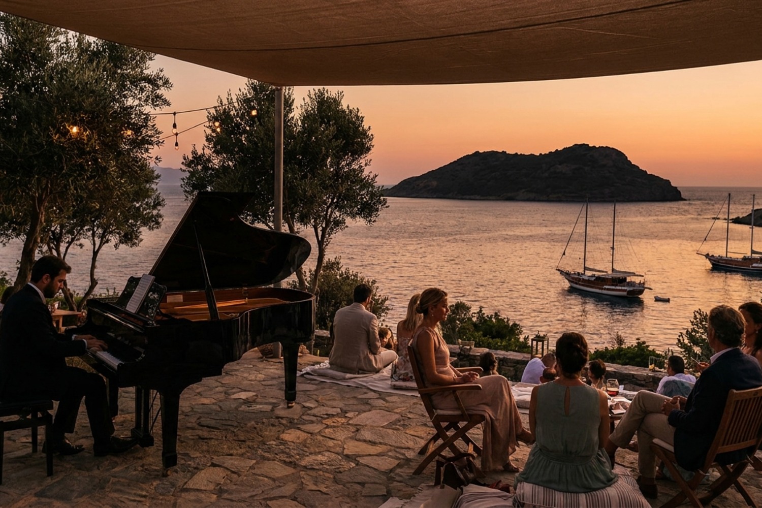 Gümüşlük'te gün batımında deniz kıyısındaki festival sahnesi ve koyda demirlemiş tekneler