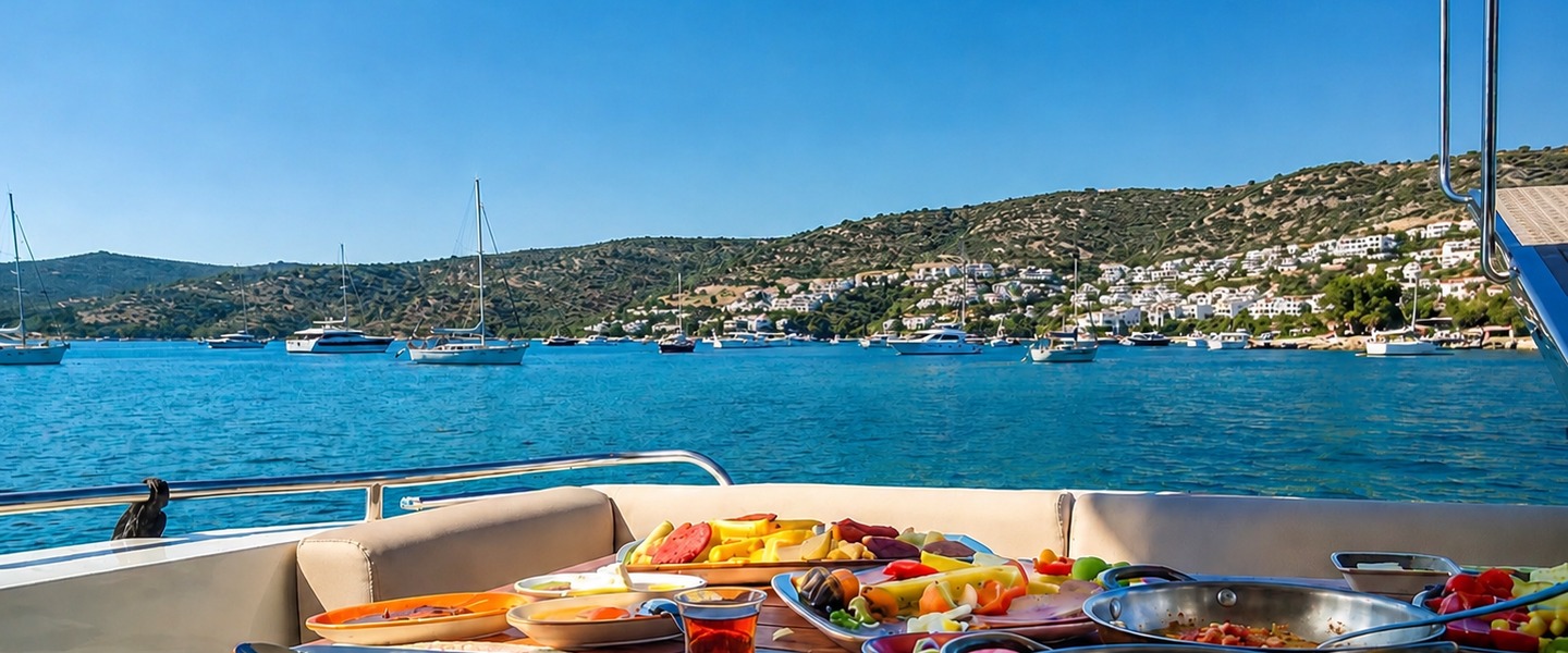Breakfast on deck in a Bodrum cove — tea, cheese, tomatoes and the sea