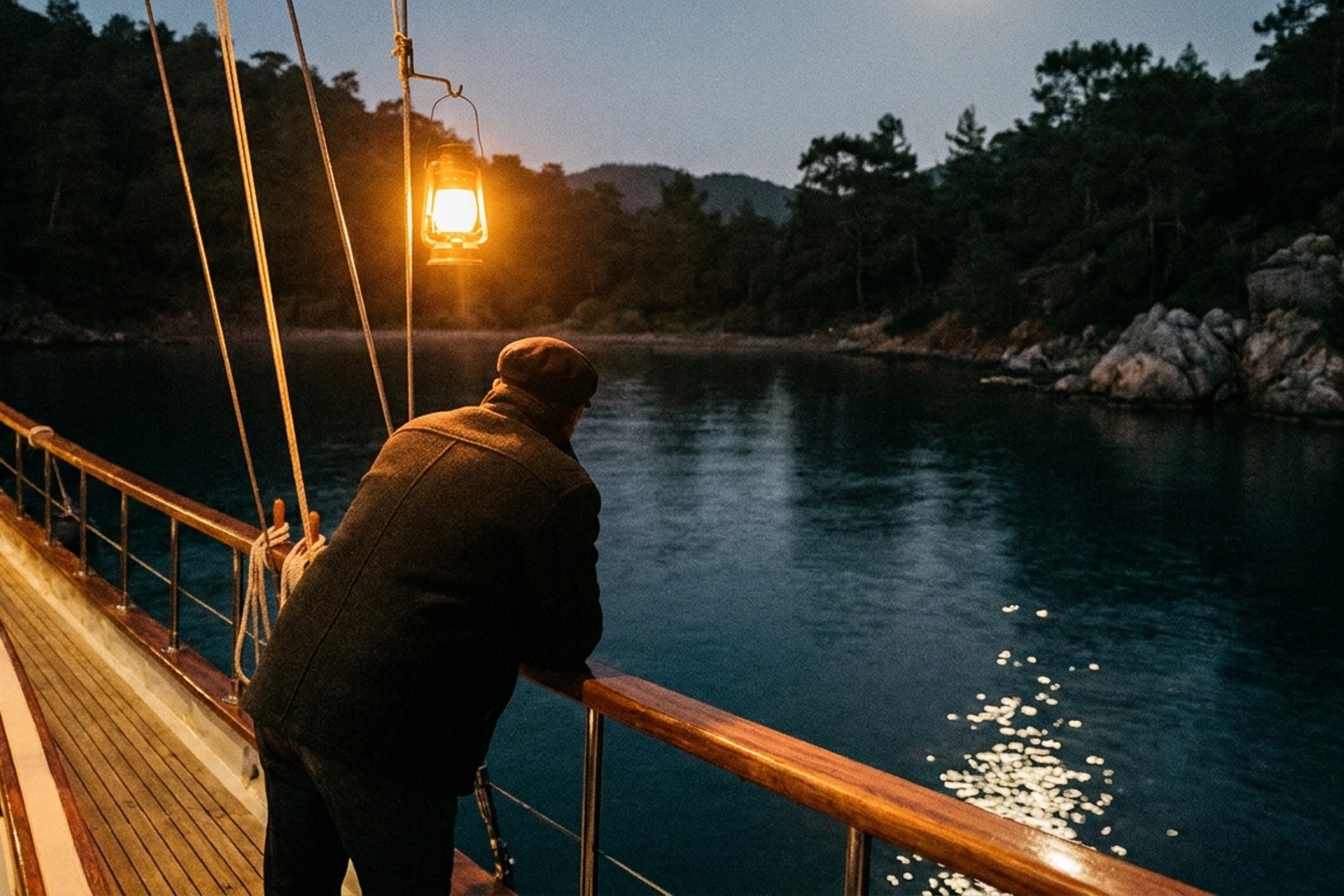 Gece koyda demirli bir teknenin güvertesinde tek başına nöbet tutan kaptan silueti