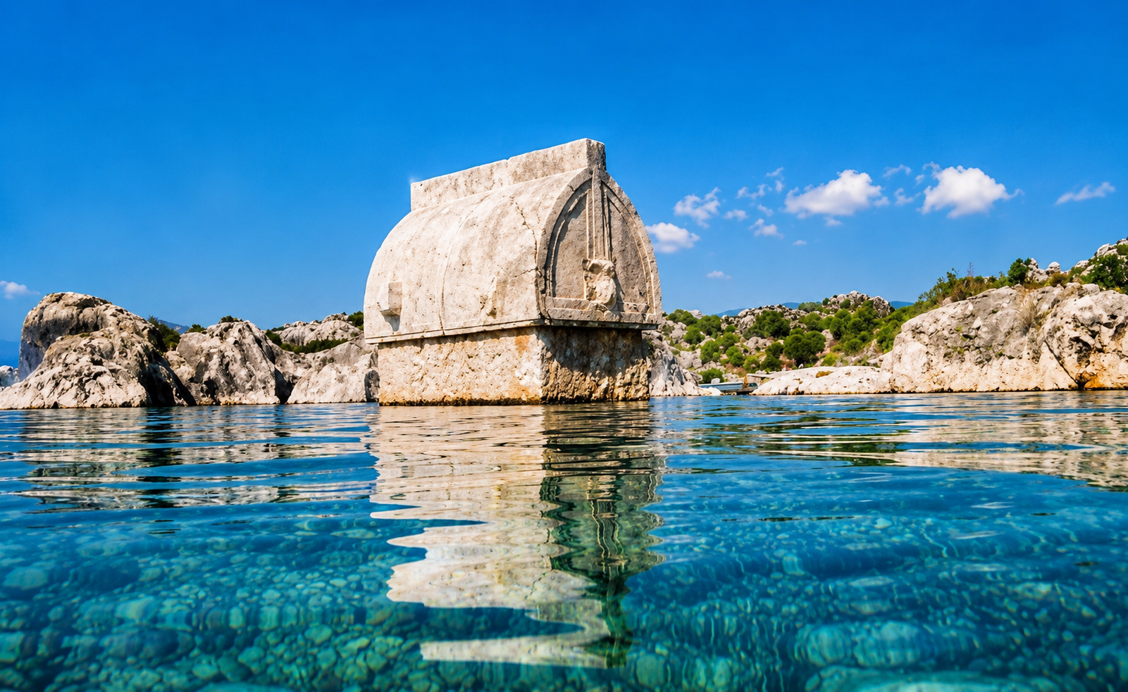A half-submerged Lycian sarcophagus beneath the clear waters of Kekova