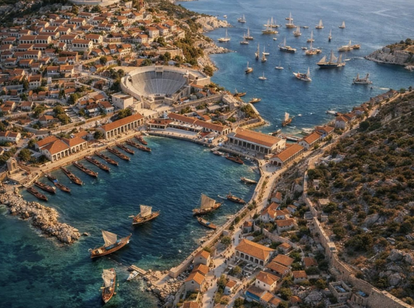 Ancient city of Knidos, ruins of the Temple of Aphrodite and the harbor