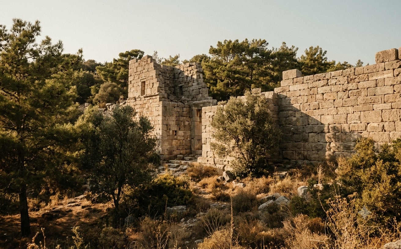 Myndos Kapısı'nın çam ağaçları arasında kalan sur kalıntısı, akşam ışığında