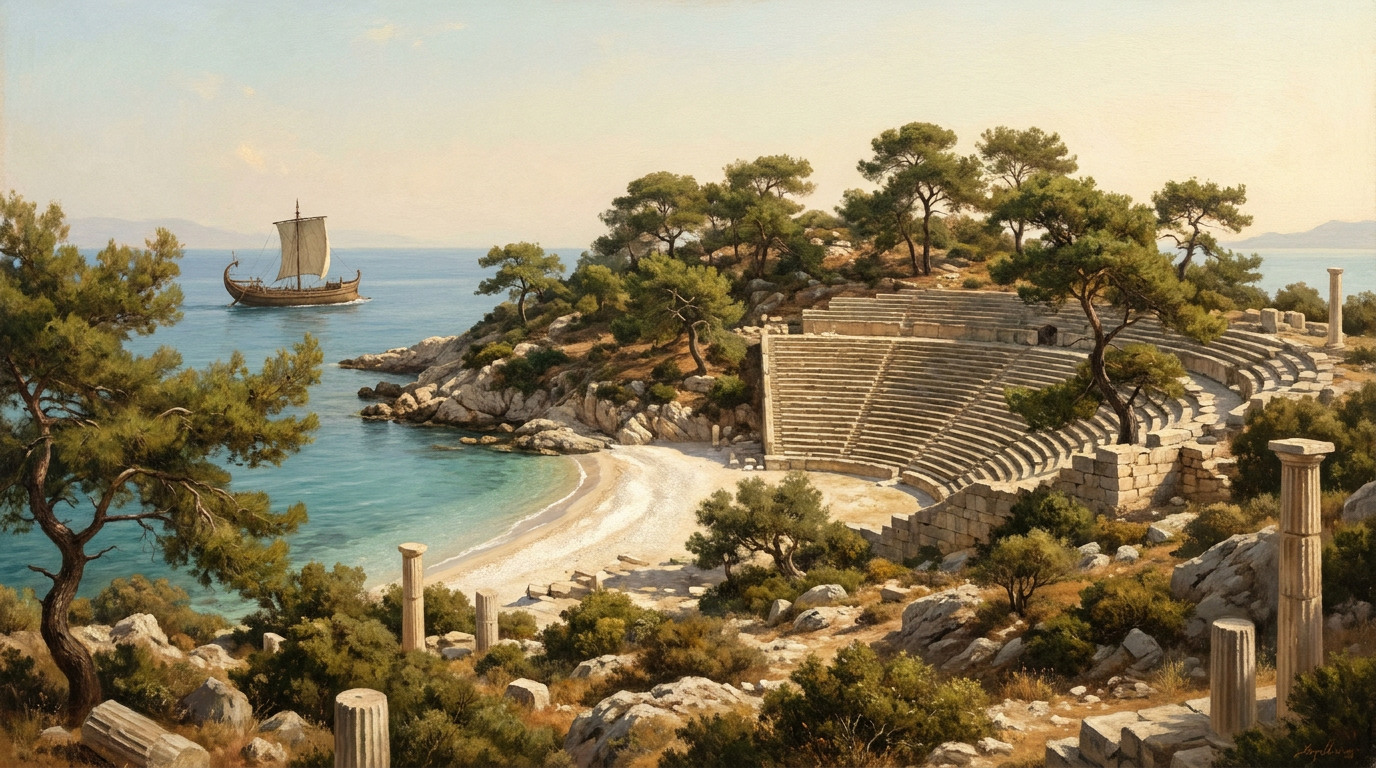 Sedir Adası'nın beyaz kumlu sahili ve arkasındaki antik Kedreai taşları