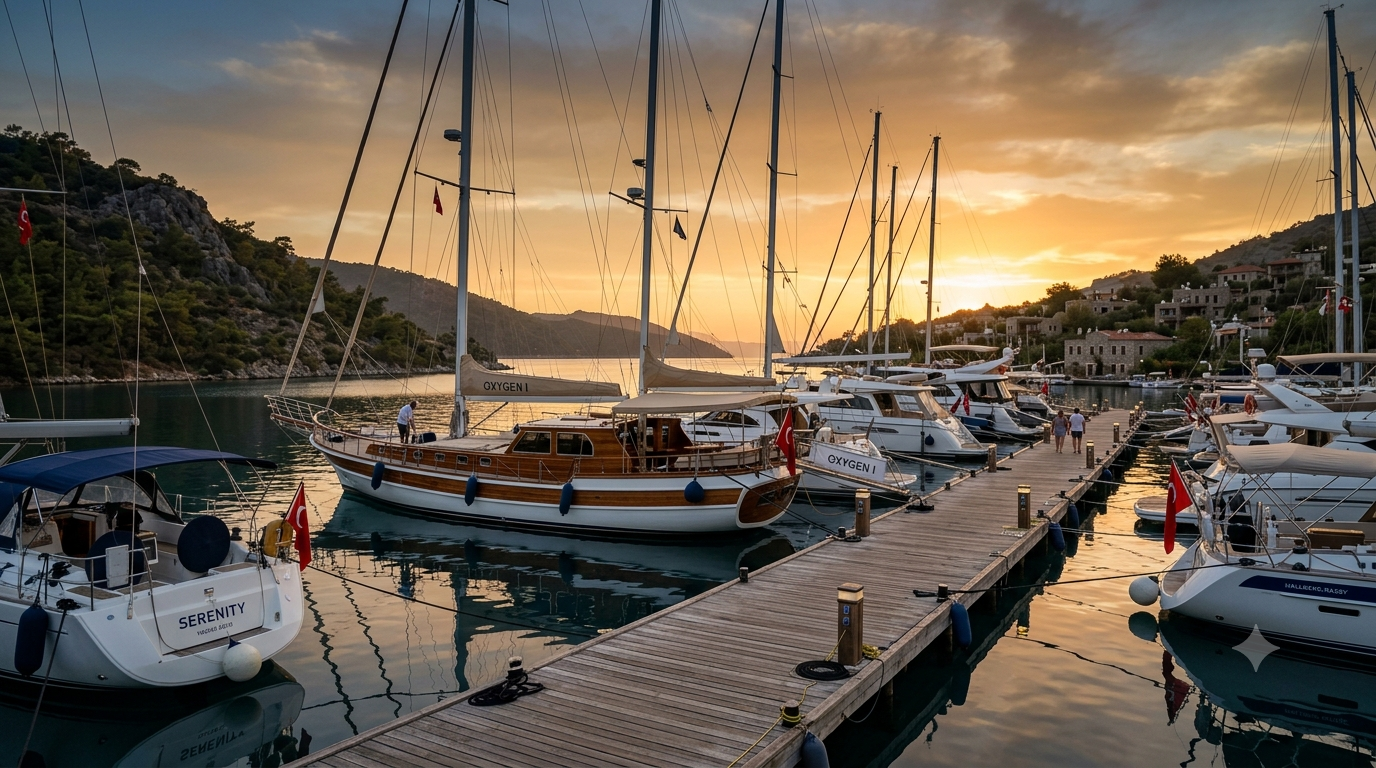 Eylül sonunda sakinleşmiş bir marina, iskelede bağlı guletler