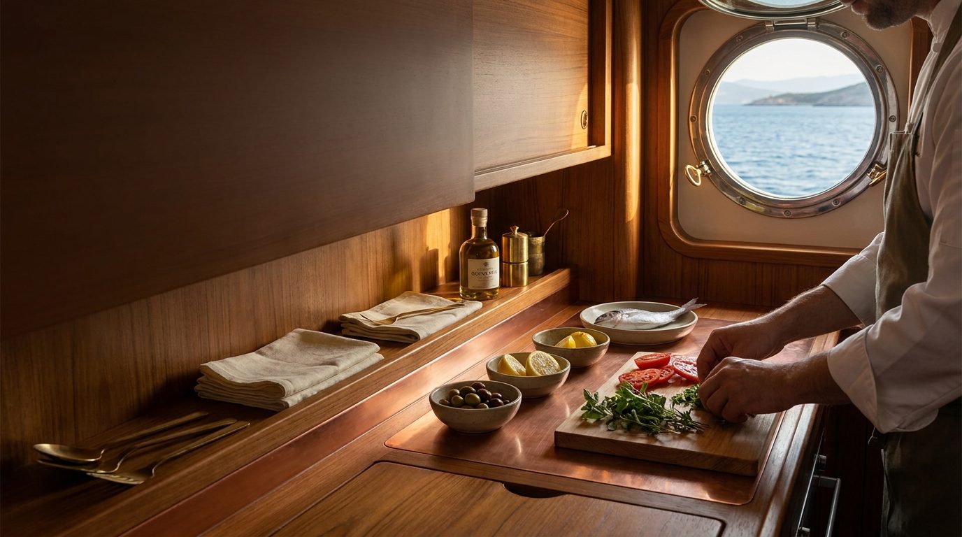 A fresh Aegean spread prepared in a boat's narrow galley