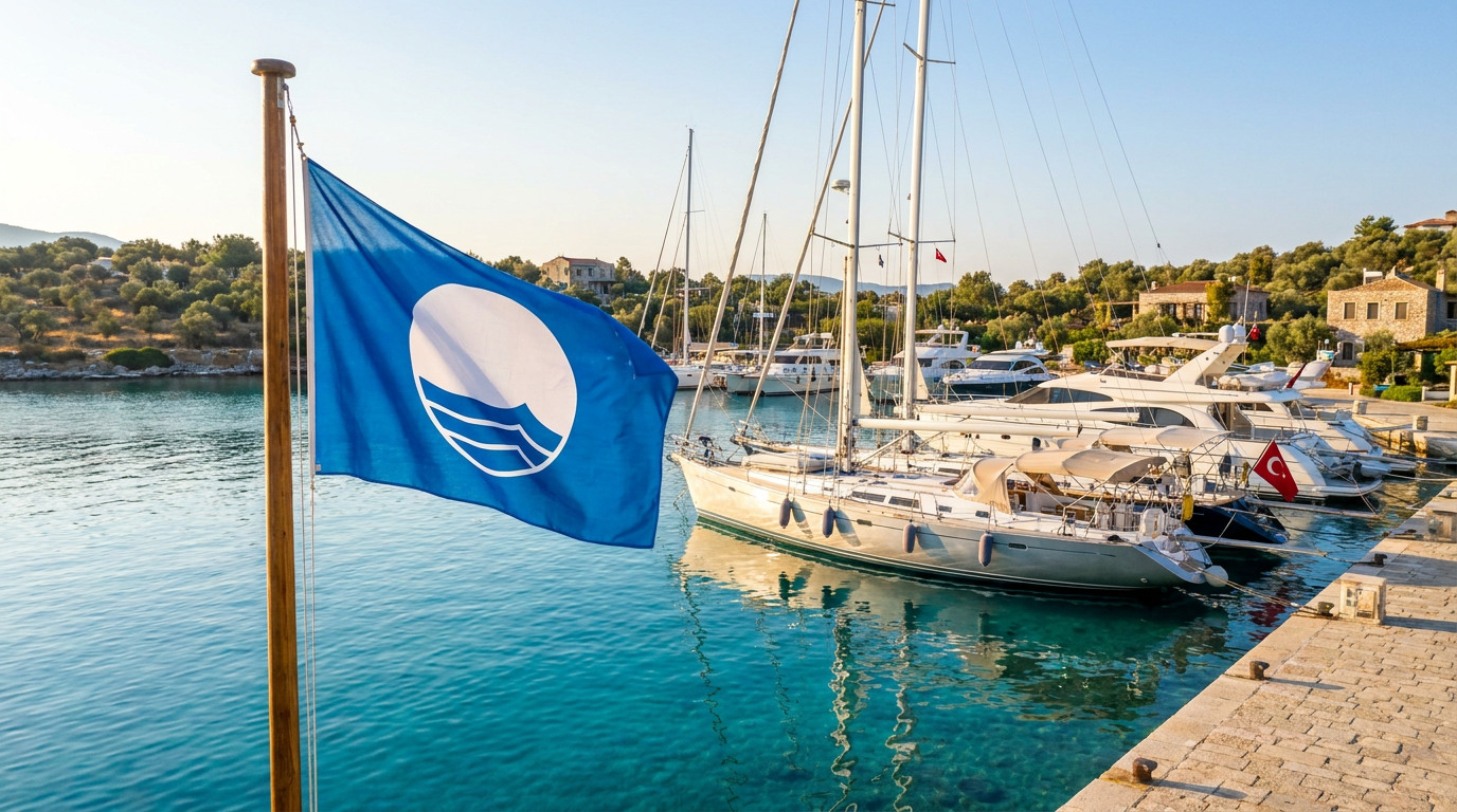 Bir Türk marinasında direğe çekilmiş Mavi Bayrak, arkada bağlı tekneler