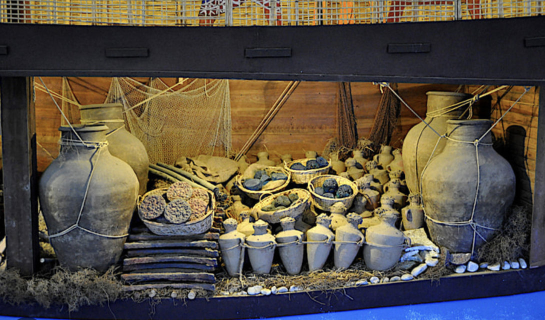 An oxhide-shaped Uluburun copper ingot on display at the Bodrum Museum of Underwater Archaeology