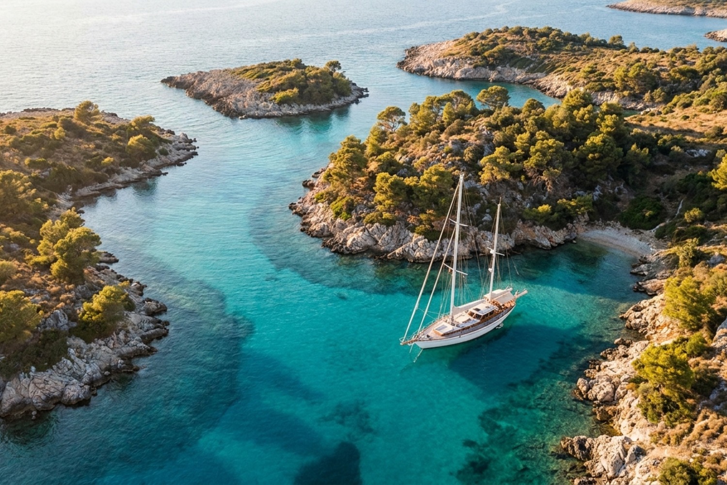 Gökova'da Yedi Adalar'ın çam kaplı adacıkları arasında sakin, berrak su ve demirlemiş tekne