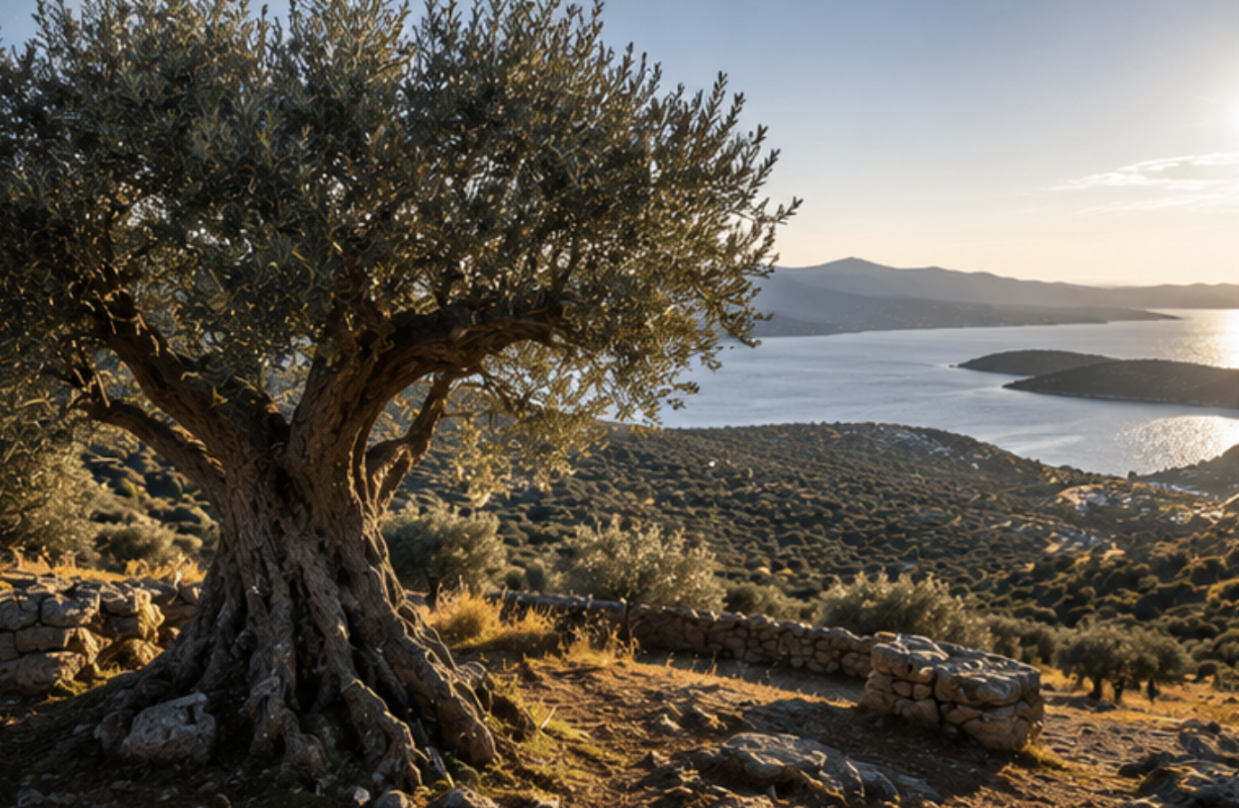 An old olive tree on the hills above Milas, Güllük Bay visible through its branches
